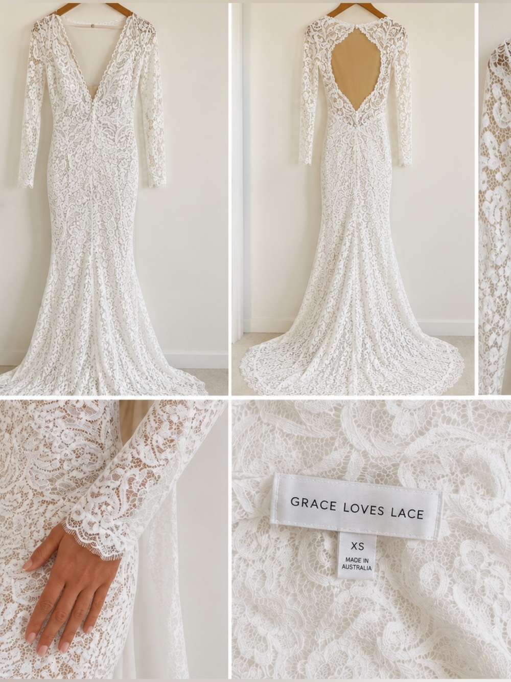 Grace Loves Lace Ivory Long-Sleeve Lace Wedding Gown with Open Back